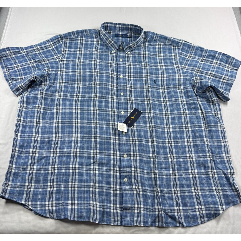 Polo Ralph Lauren Linen Shirt Mens 4XB Big Blue Plaid Button Up Beach NEW